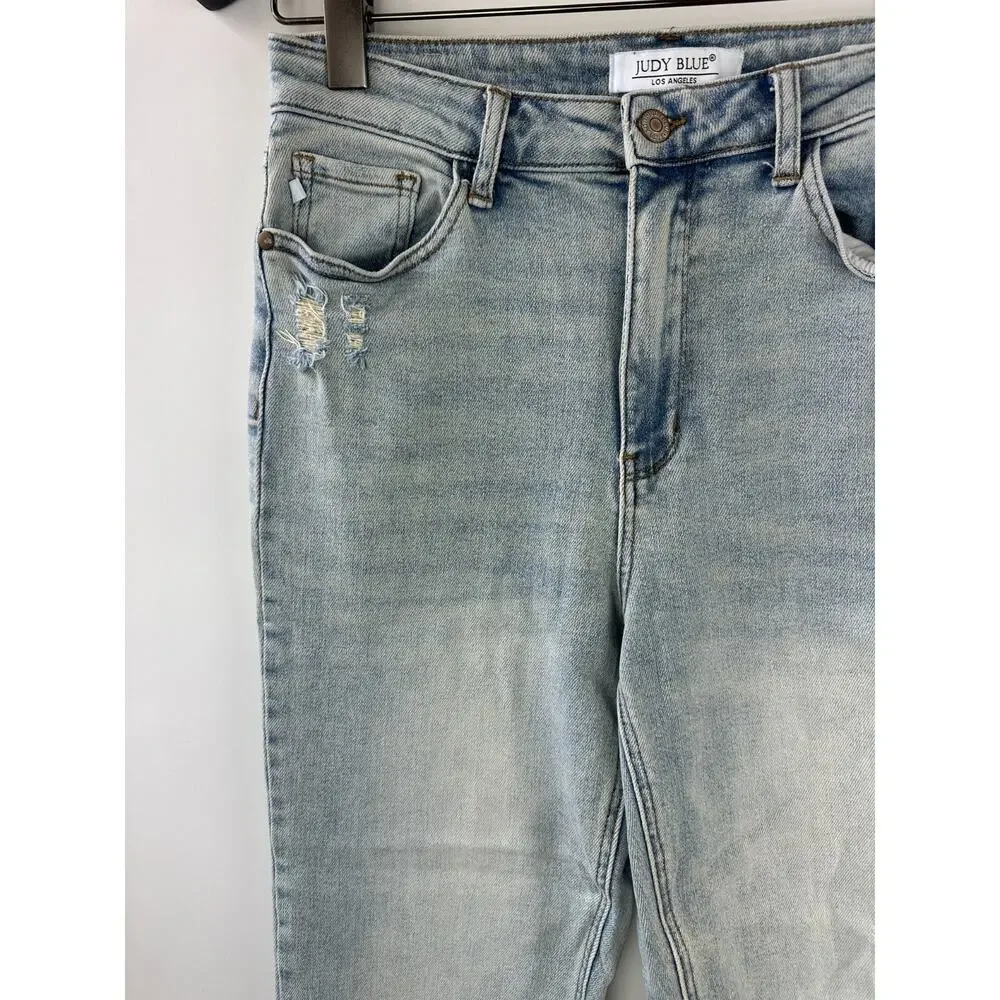 Judy Blue Adrian High Rise Straight Leg Jeans Distressed Slit Hem Size 11 30 - Picture 5 of 16